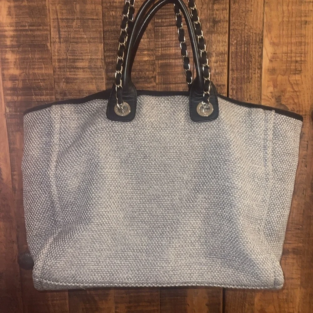 Authentic CHANEL CC Canvas Deauville Tote Chain Shoulder Bag